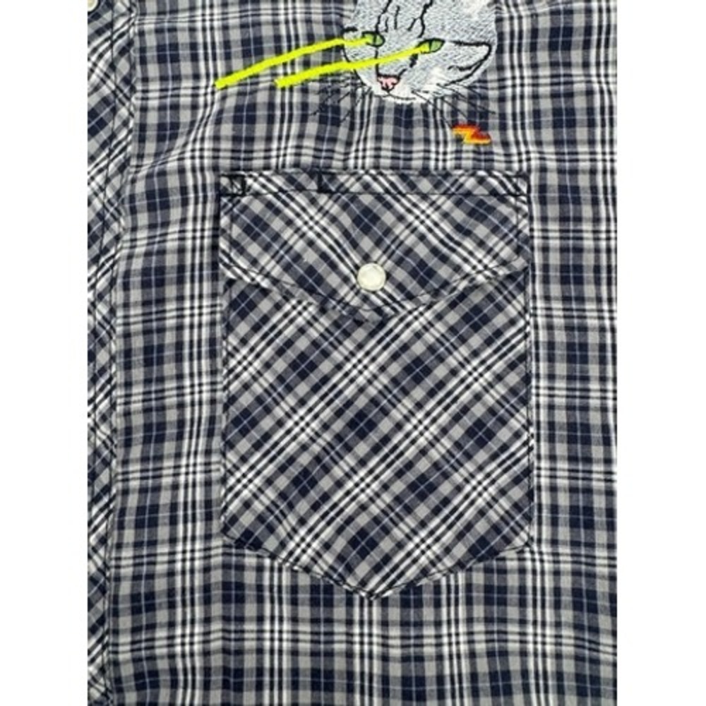 Wrangler Western Shirt Mens M Blue Plaid Laser Cat Embroidery Pearl Snap - Picture 3 of 10